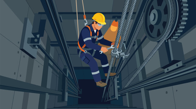Elevator Mechanic Repairing Steel Lift Cables Inside Elevator Shaft Flat Vector Illustration