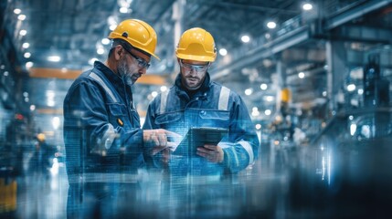 Obraz premium Two industrial engineers in safety helmets use a tablet to monitor digital dashboards on a factory floor, analyzing data and optimizing modern smart manufacturing processes.