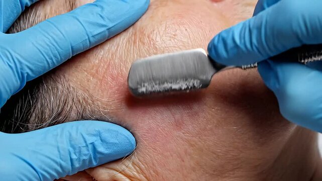 Close-Up Of Dermaplaning Treatment On Sideburn Area, Exfoliating Skin With Surgical Blade In Beauty Spa