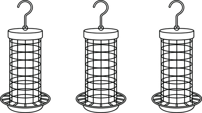 Bird feeder cages, hanging wire mesh feeders, birdseed containers, outdoor avian accessories