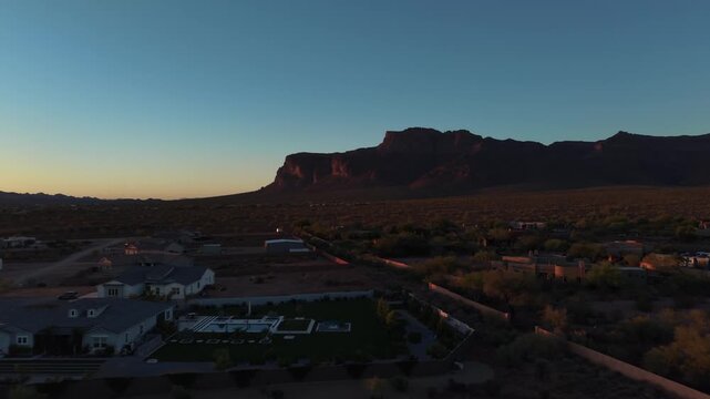 Aerial Sunset View of Superstition Mountains Near Apache Junction, Arizona in 4K