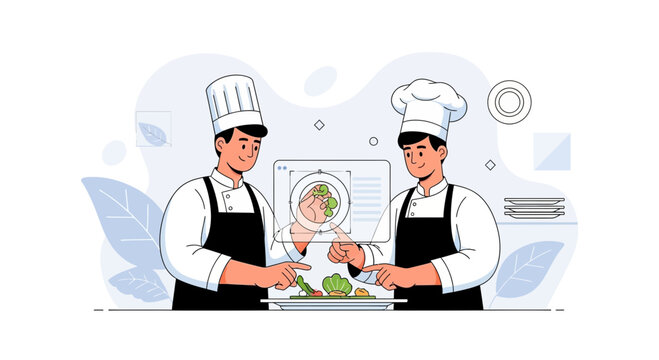 Two chefs in uniform preparing food together, interacting with a futuristic holographic display showing ingredients in a modern kitchen
