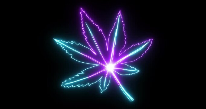 Neon Cannabis Leaf Glowing in Purple and Blue on Black Background &ndash; Futuristic Hemp Plant Light Design 4k.