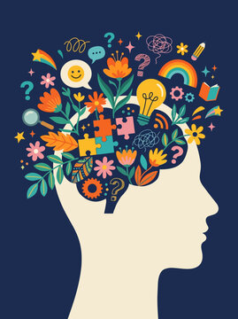 Mental Health Creativity Concept With Human Head Silhouette and Colorful Abstract Brain Elements