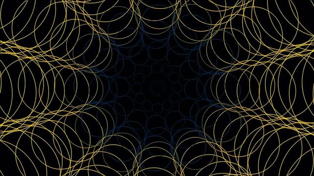 Abstract geometric pattern with interlocking golden circles on black background