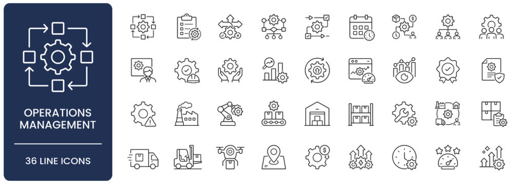 Operations management icon set. Collection of workflow optimization, production process, supply chain logistic and performance analysis line icon vector illustration with editable stroke.