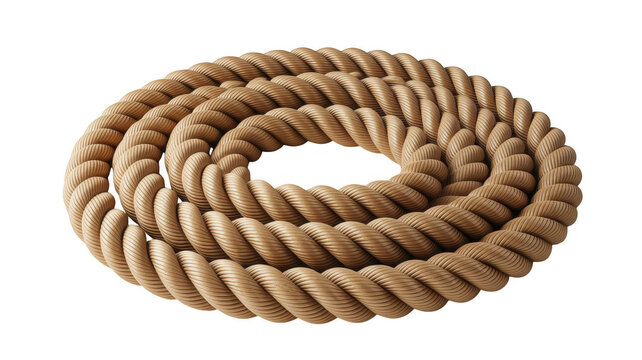 A thick beige nautical rope coiled in a flat circular spiral shape isolated on a black background, for marine and, industrial applications