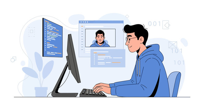 Young Programmer Working on Computer, Coding and Collaboration Concept, Vector Illustration