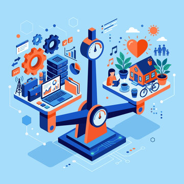 Isometric Illustration of a Balance Scale Representing Work-Life Harmony and Professional Personal Stability with Business and Home Icons