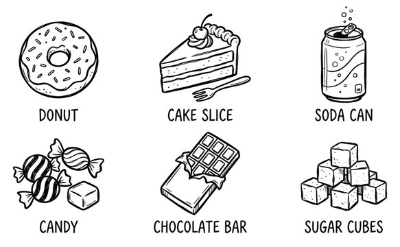 High sugar foods doodle set showing unhealthy eating concept