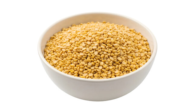 Yellow split peas moong dal in a white bowl, isolated on transparent background