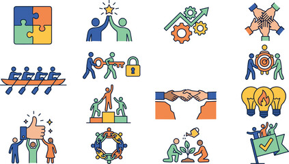 Fototapeta premium Corporate Teamwork and Business Collaboration Icon Set Featuring Unity Metaphors, Strategic Partnerships, Group Synergy, and Shared Goal Achievement Graphics for Presentations