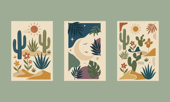 Summer abstract vector illustration set with cactus  sun moon and tropical leaves. Boho earth tone aesthetic poster template for wall art social media post  and cover print