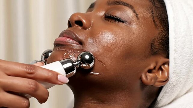 Close-Up of Woman Using Facial Toning Device with Spherical Metal Probes for Skincare Treatment in a Relaxing Spa Setting