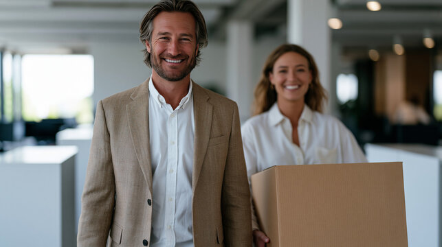 New CEO in open-plan office personally helps administrative coordinator carry boxes, company culture of servant leadership concept, sterile white contemporary workspace