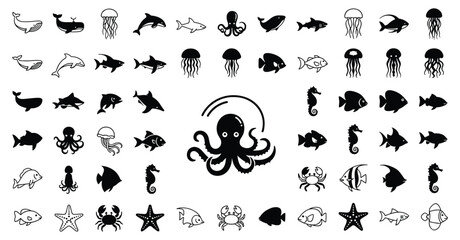 Marine animal silhouette icon set vector illustration including ocean fish shark dolphin octopus whale crab and jellyfish © RAKIB
