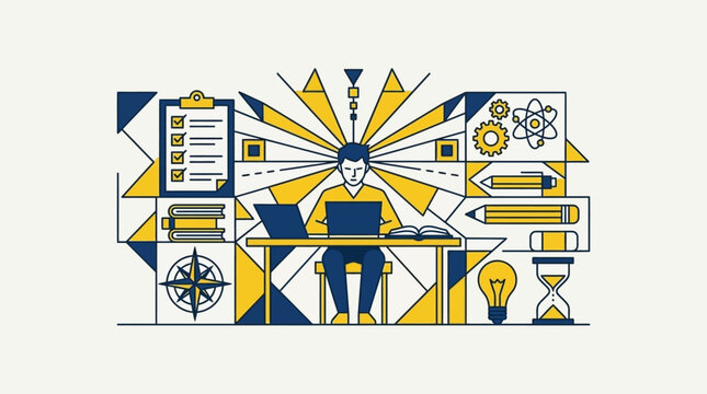 Geometric Illustration of a Student Concentrating on Work with Laptop and Educational Symbols in Blue and Yellow