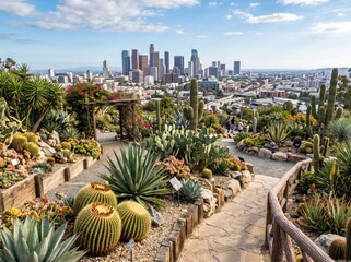 Fototapeta premium Exotic succulent garden overlooking a modern city skyline with mountains in the background