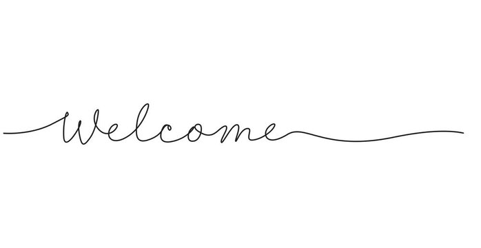 welcome animated continuous single one line art drawn animation phrase on white black background. hand drawing of word text welcome, Continuous one line drawing animation of welcome word, welcome word