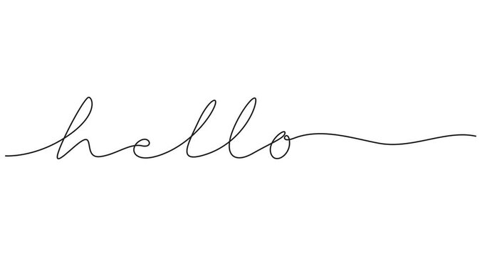 Self animated one continuous line drawing typography line art of hello word writing, hello animated continuous single one line art drawn animation phrase on white black background. hand drawing of pro