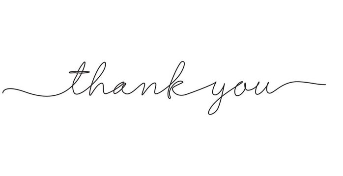 thank you animated continuous single one line art drawn animation phrase on white black background. hand drawing of word text thanks, Continuous one line drawing of Thank you hand lettering animation