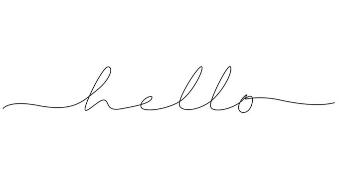 Self animated one continuous line drawing typography line art of hello word writing, hello animated continuous single one line art drawn animation phrase on white black background. hand drawing of pro