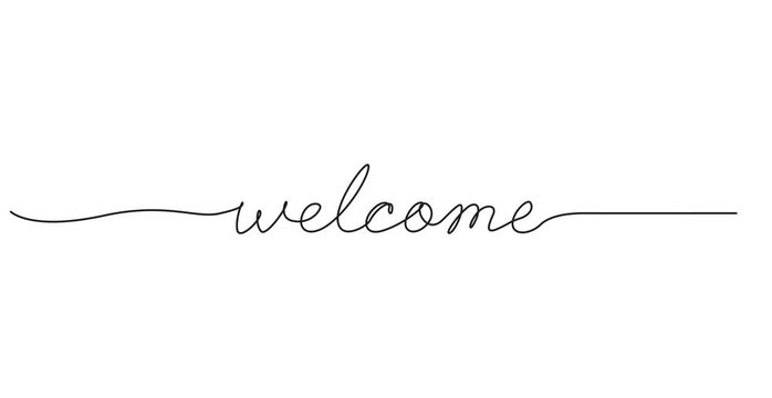 welcome animated continuous single one line art drawn animation phrase on white black background. hand drawing of word text welcome, Continuous one line drawing animation of welcome word, welcome word