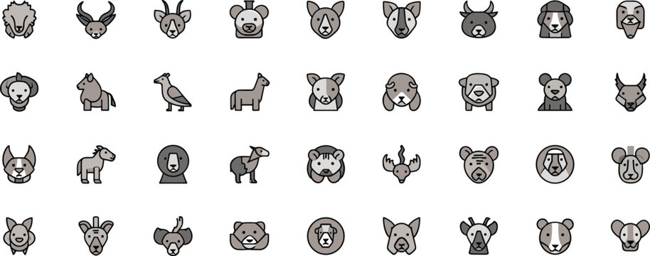Animal faces set 35 flat muted color head icons vector illustration for app ui stickers education