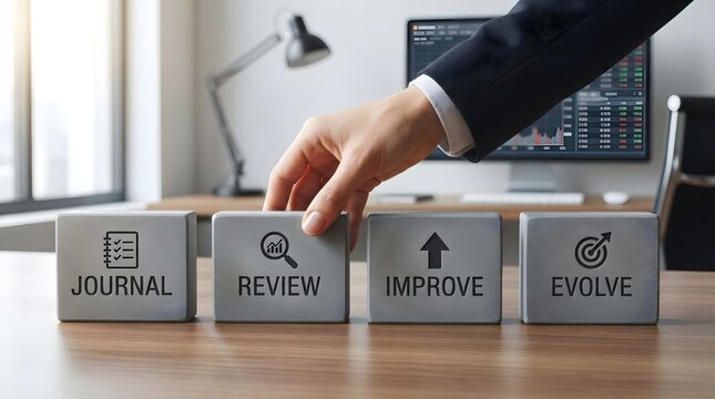 Businessman placing improve block on wooden desk in office environment for growth strategy