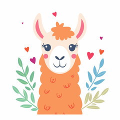 Fototapeta premium Cute Llama Illustration with Hearts and Leaves