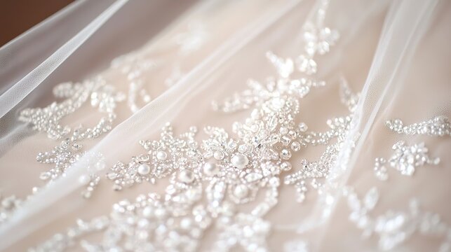 Macro: Intricate beading and sequins on a bridal veil, delicate, luxurious