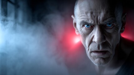 Fototapeta premium Intense close-up of a man with striking blue eyes and serious expression in dark setting
