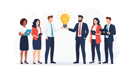 Obraz premium Diverse business team celebrates a bright idea, innovation concept with glowing lightbulb and modern flat illustration style.