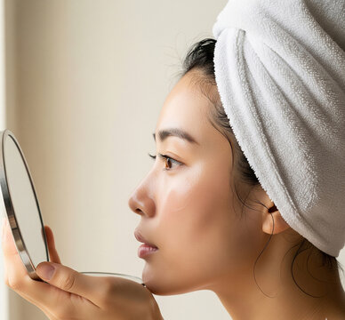 수건을 두른 여성의 스킨케어 측면 포트레이트 / Side Portrait of a Woman with Towel in Skincare Routine