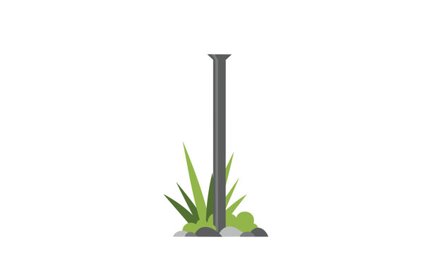 Metal pole standing upright with decorative rocks and green plants at base urban landscape plan or garden architectural element.
