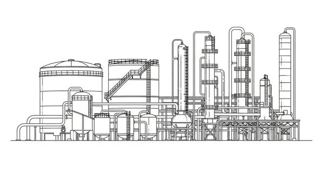 Industrial Refinery Plant Structures and Towers Sketch.
