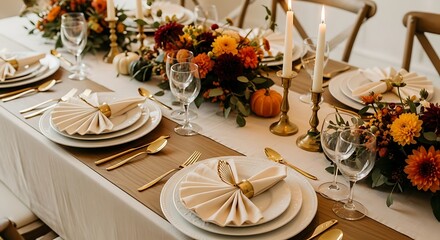 Fototapeta premium Elegant Fine Dining Table Setting with Polished Golden Cutlery and Crisp White Linens for a Sophisticated Formal Event or Wedding Reception