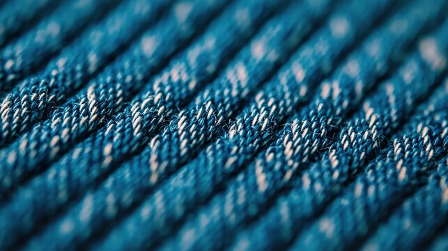Macro shot: Denim fabric texture, individual threads visible, durable, authentic