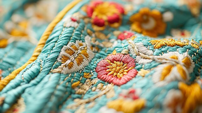 Macro shot: Intricate embroidery on a traditional garment, cultural, artistic
