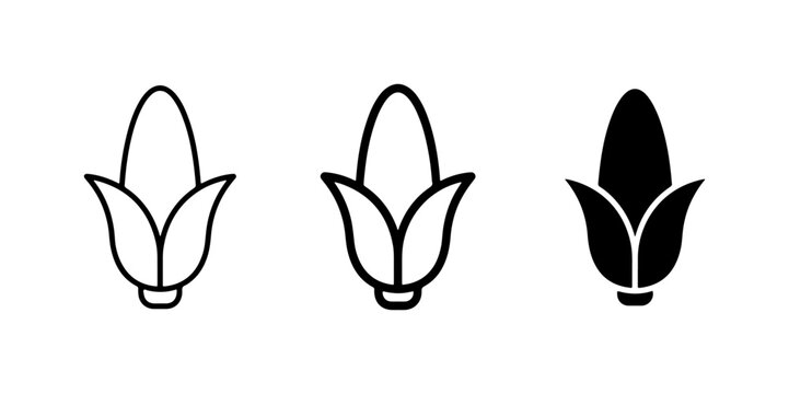 Corn Icons Set: Outline, Filled Outline, Solid Black Vector Graphics for Food and Agriculture