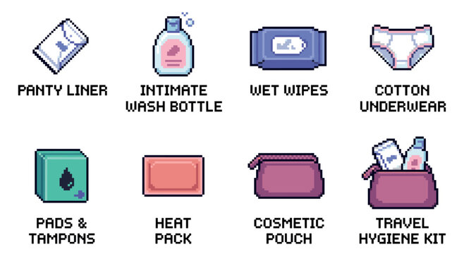 Feminine hygiene products pixel icons set with essential items