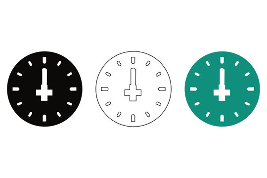 Three circular clock faces with hour and minute hands indicating twelve oclock