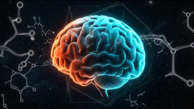 Glowing orange and blue human brain hemispheres in space.