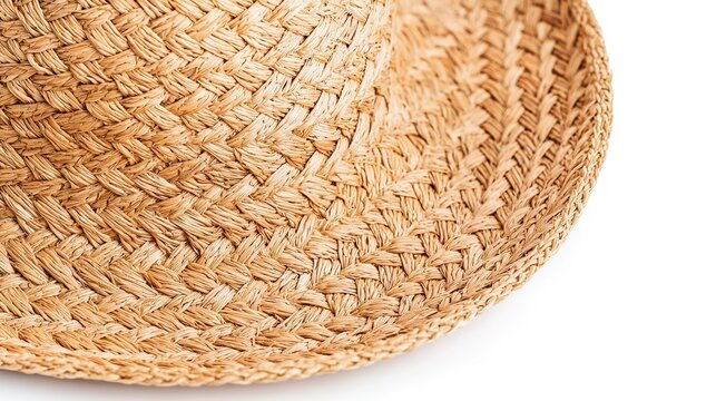 Macro: Woven basket-weave pattern on a straw hat, isolated on a pure white background, summer, natural