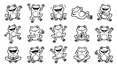 Obraz premium Black and White Happy Frog Sticker Collection with Freehand Cartoon Doodle Illustrations Vector Set