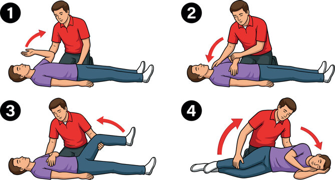 First Aid Recovery Position Step by Step Guide Infographic Vector Illustration Showing Lifesaving Emergency Procedures for Unconscious Uninjured Patient CareFirst Aid Recovery Position Step by Step Gu