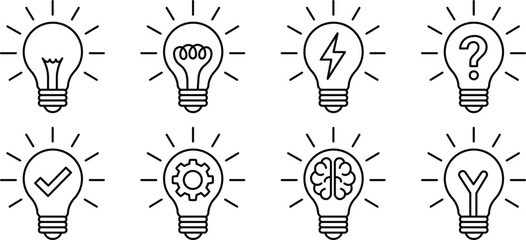 Idea lightbulb outline icon set with brain gear lightning checkmark and question mark concepts © PARVIN