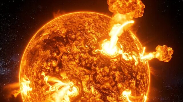Fiery Orange Sun with Solar Flares Radiating Against a Starry Background in Outer Space
