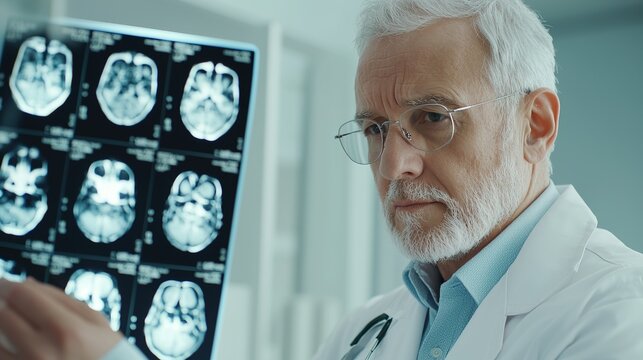 Man in a doctor's white coat, examining an X-ray, medical office, knowledgeable