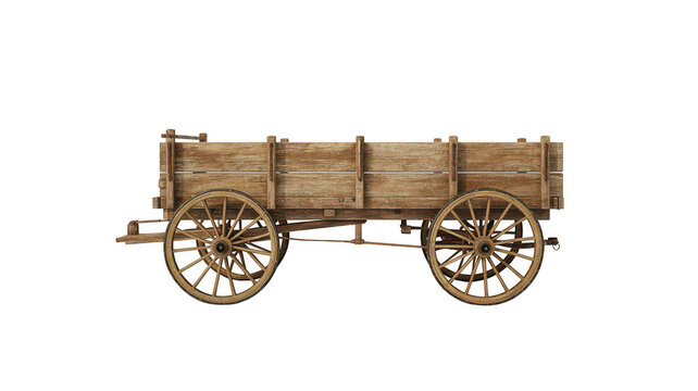 A rustic wooden farm wagon with large spoked wheels, crafted from weathered timber planks, isolated on a white background, for agricultural use